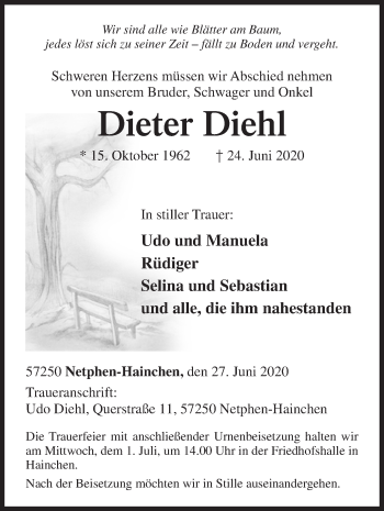 Traueranzeige von Dieter Diehl von Siegener Zeitung