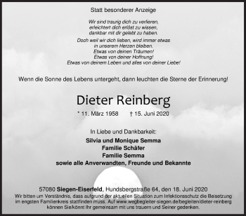 Traueranzeige von Dieter Reinberg von Siegener Zeitung