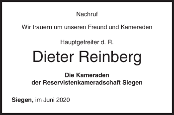 Traueranzeige von Dieter Reinberg von Siegener Zeitung