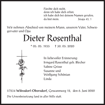 Traueranzeige von Dieter Rosenthal von Siegener Zeitung
