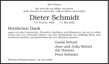 Traueranzeige von Dieter Schmidt von Siegener Zeitung