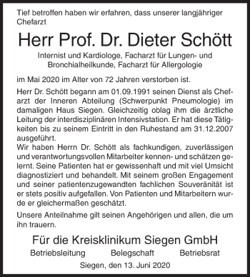 Traueranzeige von Dieter Schött von Siegener Zeitung