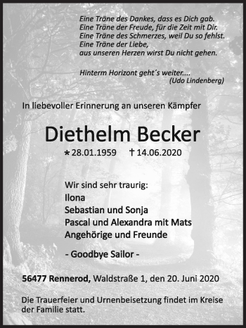 Traueranzeige von Diethelm Becker von Siegener Zeitung