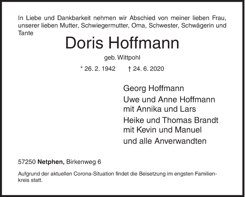  Traueranzeige für Doris Hoffmann vom 27.06.2020 aus Siegener Zeitung