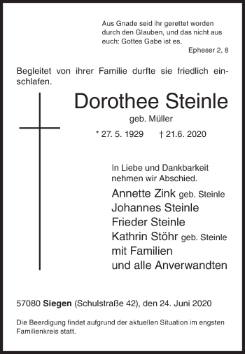 Traueranzeige von Dorothee Steinle von Siegener Zeitung