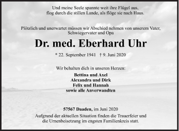 Traueranzeige von Eberhard Uhr von Siegener Zeitung