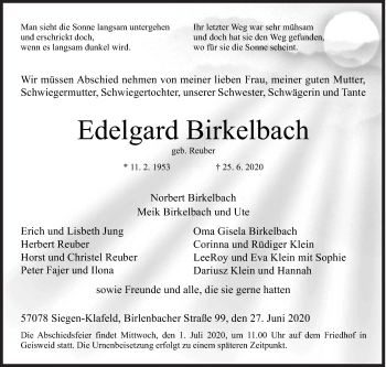 Traueranzeige von Edelgard Birkelbach von Siegener Zeitung