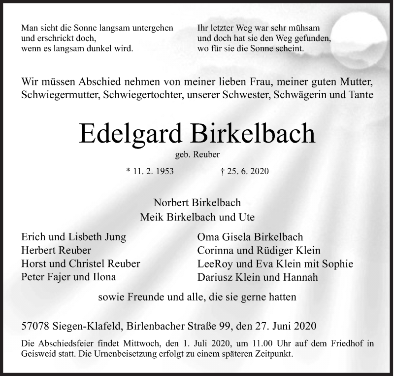  Traueranzeige für Edelgard Birkelbach vom 27.06.2020 aus Siegener Zeitung