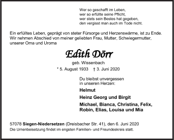 Traueranzeige von Edith Dörr von Siegener Zeitung