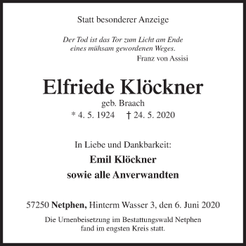 Traueranzeige von Elfriede Klöckner von Siegener Zeitung