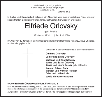 Traueranzeige von Elfriede Orlovsky von Siegener Zeitung