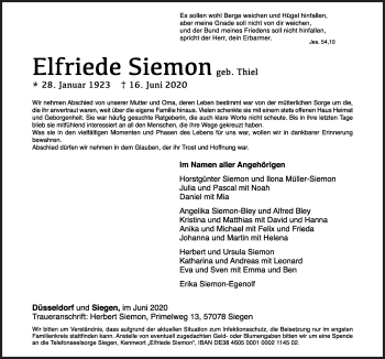 Traueranzeige von Elfriede Siemon von Siegener Zeitung