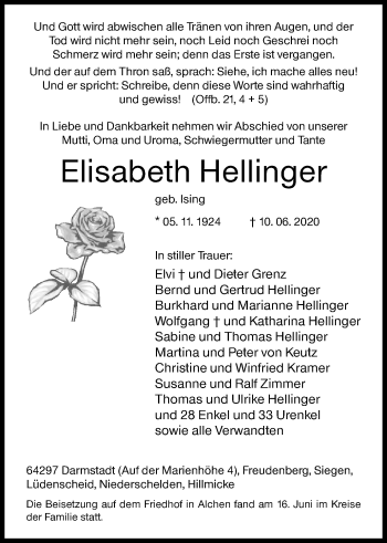 Traueranzeige von Elisabeth Hellinger von Siegener Zeitung