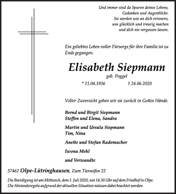 Traueranzeige von Elisabeth Siepmann von Siegener Zeitung
