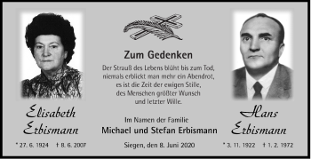 Traueranzeige von Elisabeth und Hans Erbismann von Siegener Zeitung