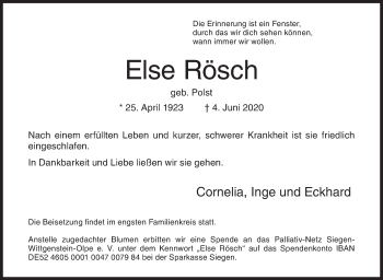 Traueranzeige von Else Rösch von Siegener Zeitung