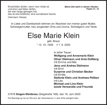Traueranzeige von Else Marie Klein von Siegener Zeitung