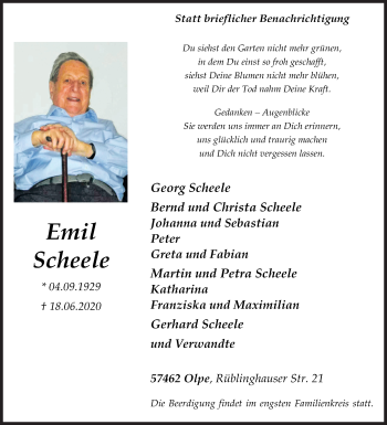 Traueranzeige von Emil Scheele von Siegener Zeitung