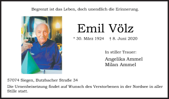 Traueranzeige von Emil Völz von Siegener Zeitung