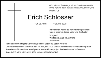 Traueranzeige von Erich Schlosser von Siegener Zeitung