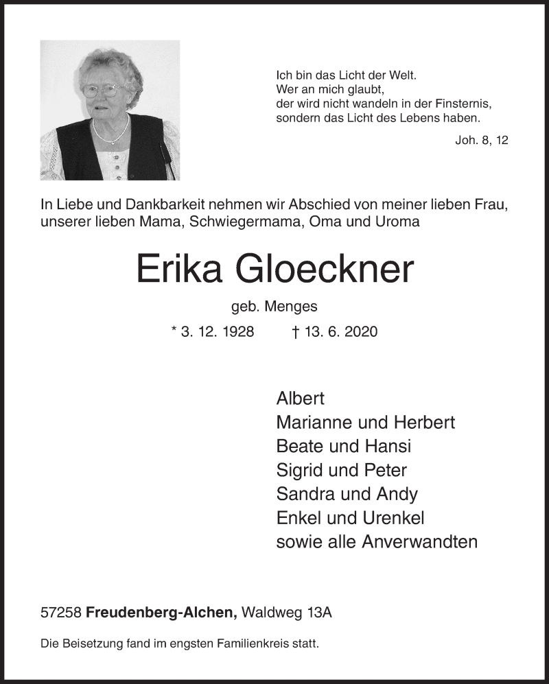  Traueranzeige für Erika Gloeckner vom 20.06.2020 aus Siegener Zeitung