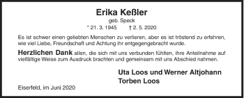 Traueranzeige von Erika Keßler von Siegener Zeitung