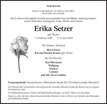 Traueranzeige von Erika Setzer von Siegener Zeitung