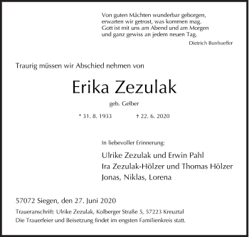 Traueranzeige von Erika Zezulak von Siegener Zeitung