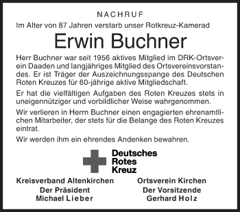 Traueranzeige von Erwin Buchner von Siegener Zeitung
