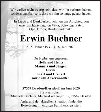 Traueranzeige von Erwin Buchner von Siegener Zeitung