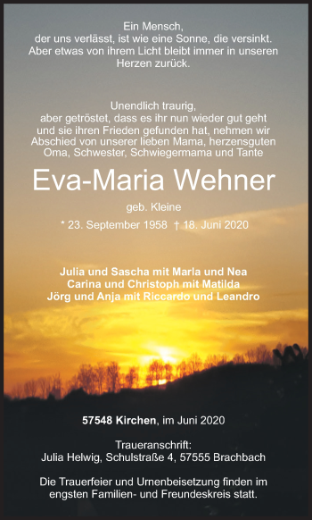 Traueranzeige von Eva-Maria Wehner von Siegener Zeitung