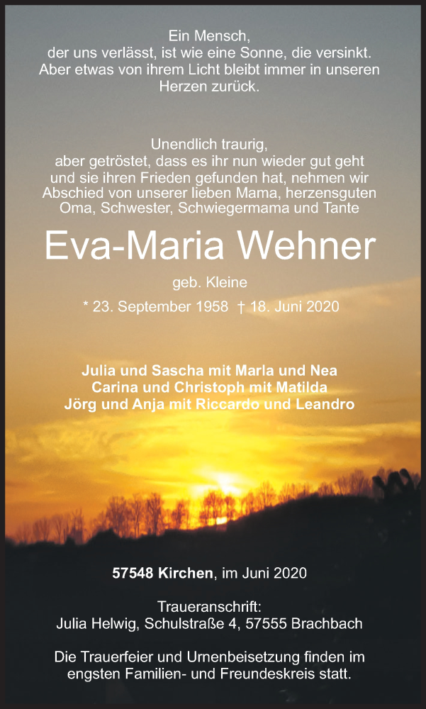  Traueranzeige für Eva-Maria Wehner vom 23.06.2020 aus Siegener Zeitung