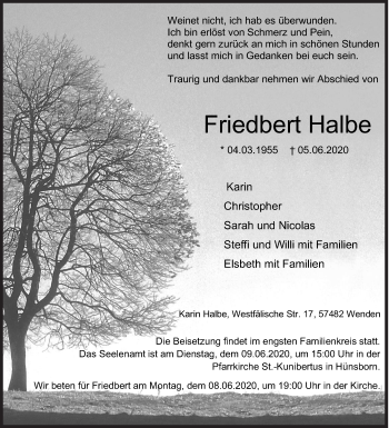 Traueranzeige von Friedbert Halbe von Siegener Zeitung