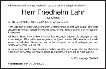 Traueranzeige von Friedhelm Lahr von Siegener Zeitung