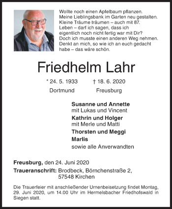 Traueranzeige von Friedhelm Lahr von Siegener Zeitung
