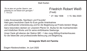 Traueranzeige von Friedrich Robert Weiß von Siegener Zeitung