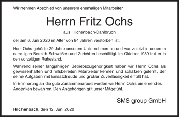 Traueranzeige von Fritz Ochs von Siegener Zeitung