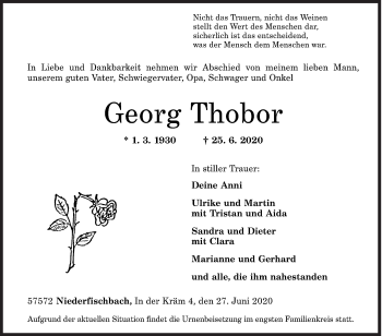 Traueranzeige von Georg Thobor von Siegener Zeitung