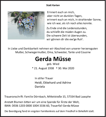 Traueranzeige von Gerda Müsse von Siegener Zeitung