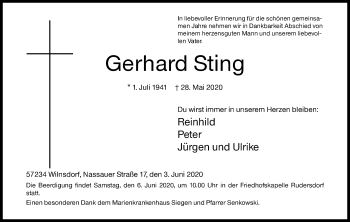 Traueranzeige von Gerhard Sting von Siegener Zeitung