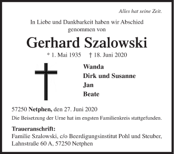 Traueranzeige von Gerhard Szalowski von Siegener Zeitung