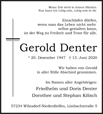 Traueranzeige von Gerold Denter von Siegener Zeitung