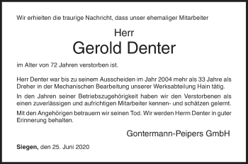 Traueranzeige von Gerold Denter von Siegener Zeitung