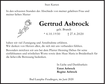 Traueranzeige von Gertrud Asbrock von Siegener Zeitung
