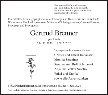 Traueranzeige von Gertrud Brenner von Siegener Zeitung