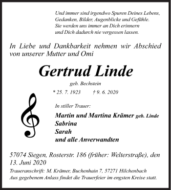 Traueranzeige von Gertrud Linde von Siegener Zeitung