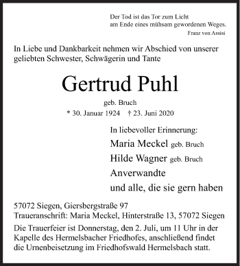 Traueranzeige von Gertrud Puhl von Siegener Zeitung