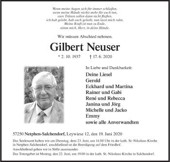 Traueranzeige von Gilbert Neuser von Siegener Zeitung