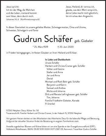 Traueranzeige von Gudrun Schäfer von Siegener Zeitung
