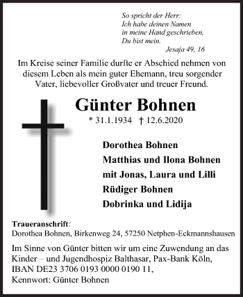 Traueranzeige von Günter Bohnen von Siegener Zeitung